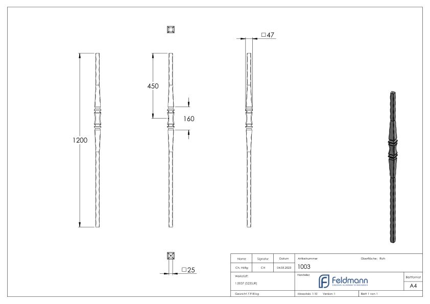 Anfangsstab 25x25mm, H: 1200m