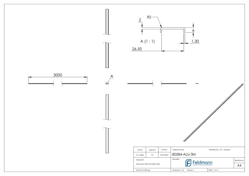 Kantenschutz EXTRA SLIM, für Glas 24,00 - 25,52mm, L: 3000mm, Aluminium E4/EV1