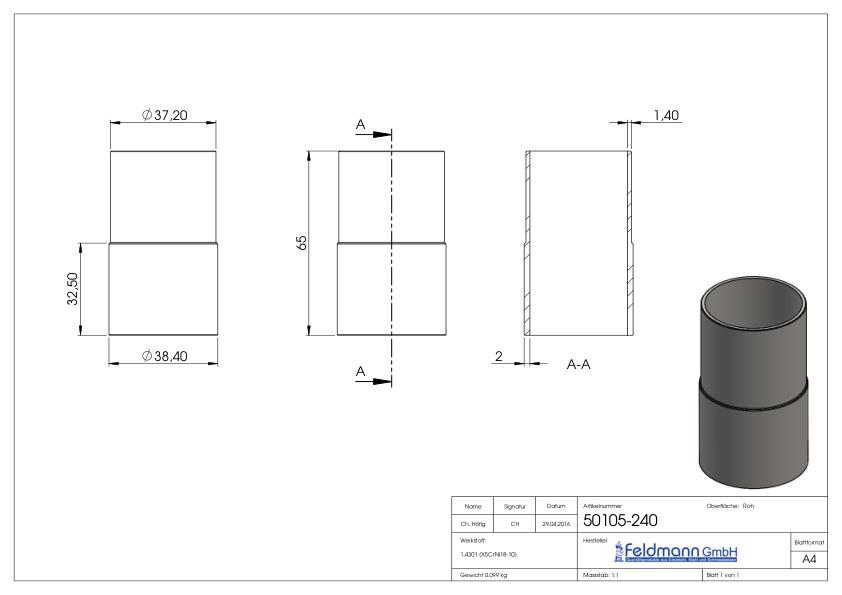 Verbindungsstück von 42,4x2,5mm auf 42,4x2,0mm, V2A