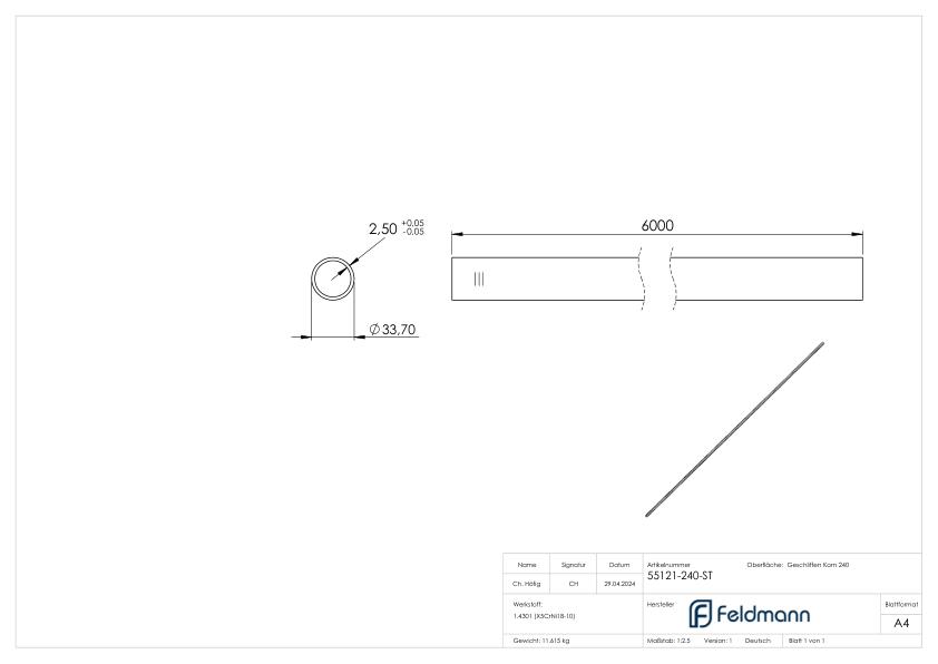 Edelstahlrohr, 33,7 x 2,5mm, L=6m, Korn 240 geschliffen, V2A