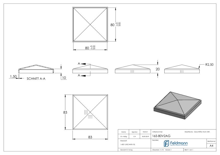 Pyramidenkappe, für Rohr 80x80mm, V2A