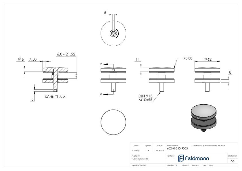 Glaspunkthalter 62mm, Anschluss: flach, V2A, pulverbeschichtet in RAL 9005 schwarz matt
