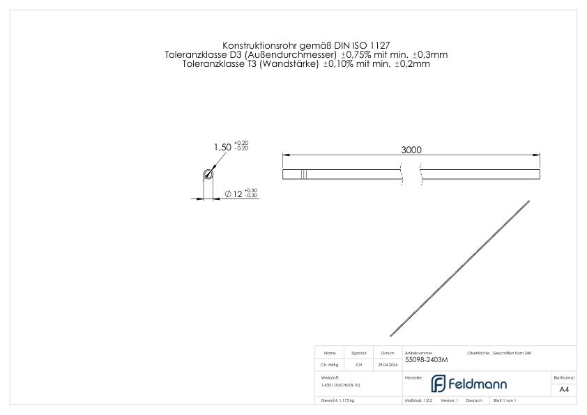 Edelstahlrohr, 12,0x1,5mm, L: 3000mm, V2A