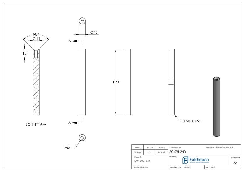 Stift Ø 12mm, L: 120mm, V2A