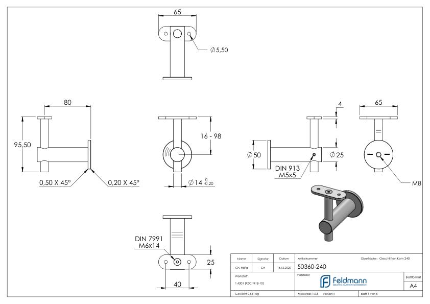 Handlaufhalter mit Handlaufanschlussplatte flach, V2A