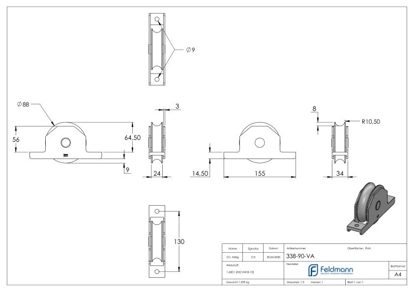 Schiebetorrolle, Rundrille, Ø 88mm, V2A Schiebetorrolle, Rundrille, Ø 88mm, V2A