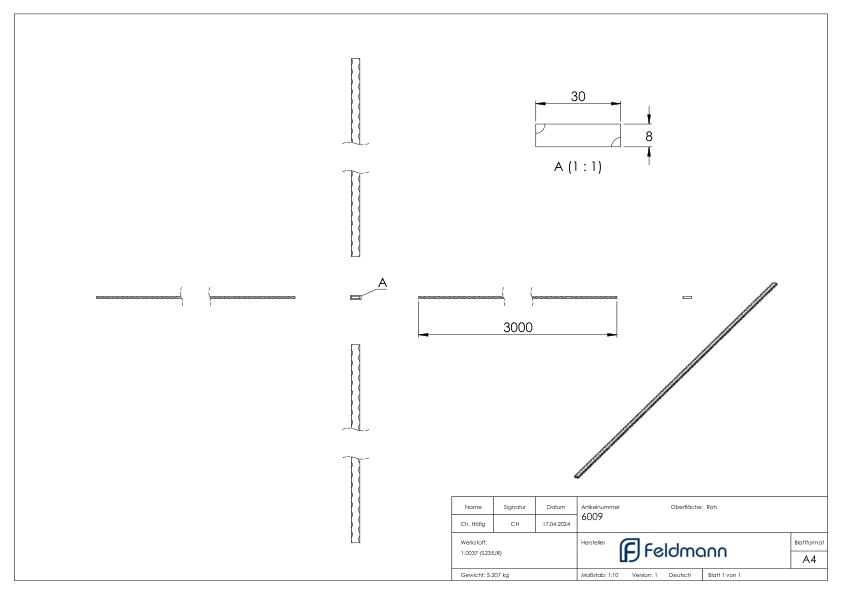 Flacheisen 30x8mm, alle 4 Kanten gehämmert, Länge 3m, S235JR