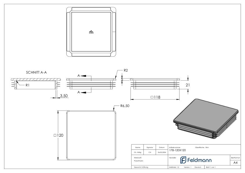 Kunststoffkappe für Quadratrohr 120x120mm