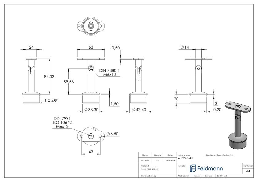 Rohrabschlussstopfen für Rohr 42,4x2,0mm, Handlaufanschlussplatte: flach, V2A