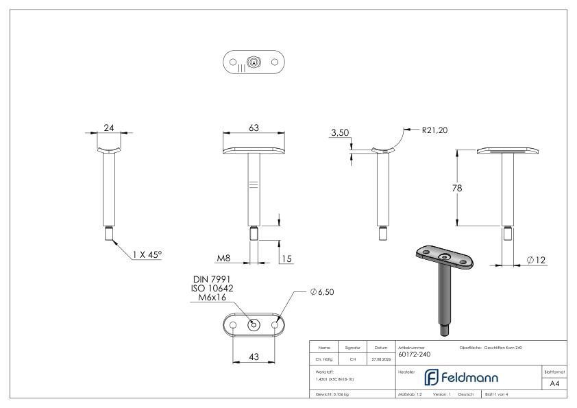 Stift Ø 14mm mit Handlaufanschlussplatte für Rohr 42,4mm, V2A