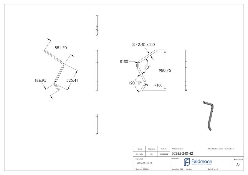 Schwanenhals-Anfänger, aus Rohr 42,4x2,0mm, V2A