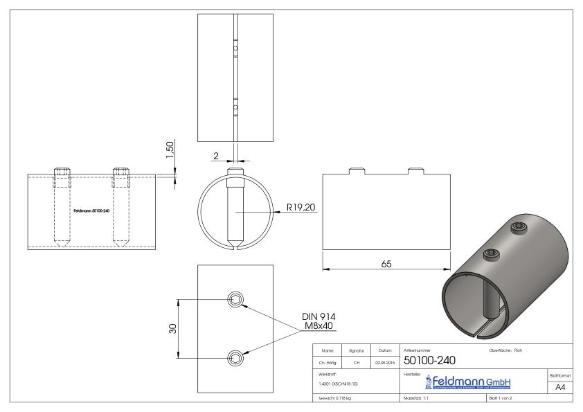 Verbindungshülse für Rohr 42,4x2,0mm, V2A