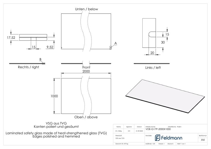Eleganza canopy Glas: 2000x1000mm VSG aus 2x8mm TVG mit 1,52mm PVB