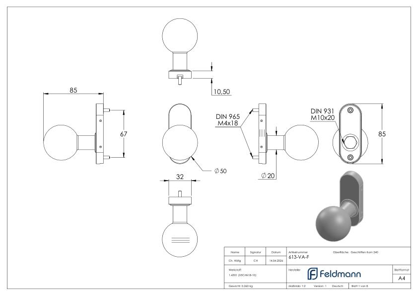 Drückerknopf, Ø 50mm, fest, V2A