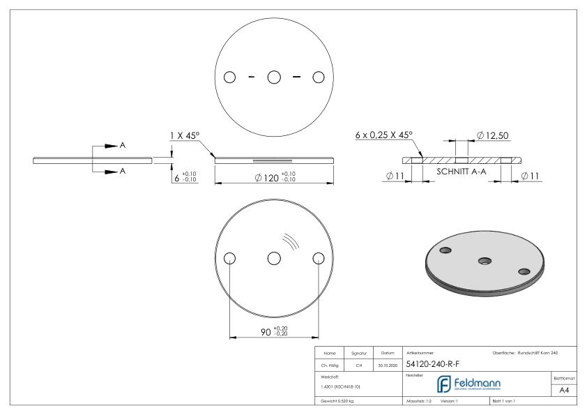 Ankerplatte Ø 120x6mm, mit Rundschliff und Fase, V2A