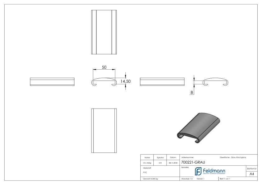 Kunststoffhandlauf 50x8mm, Grau HOCHGLANZ