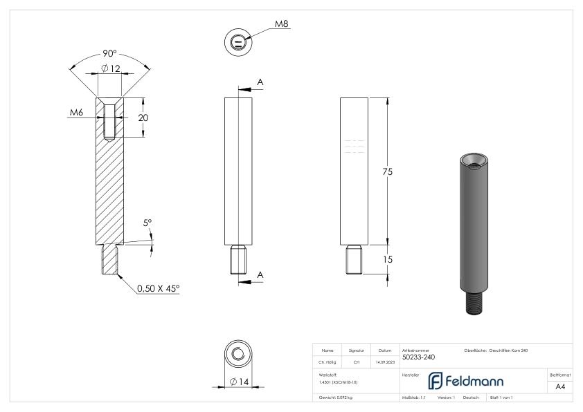 Stift Ø 14mm, L: 75mm, V2A