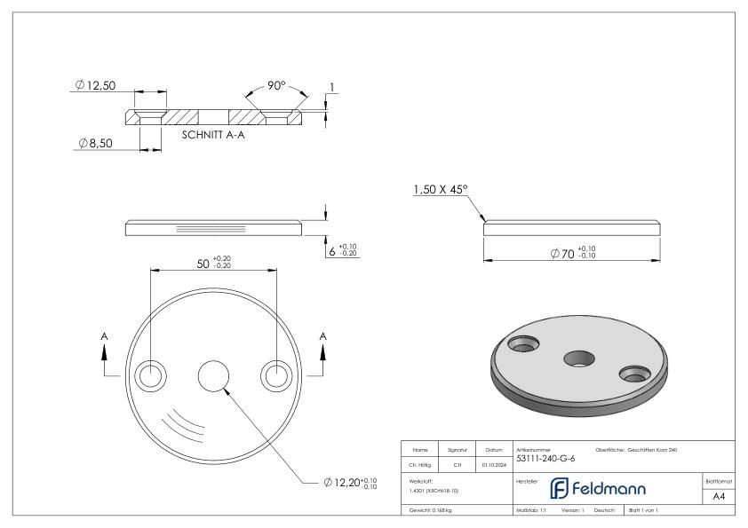 Ronde, Ø 70x6mm, mit Rundschliff, V2A