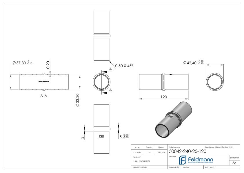 Verbindungsstück für Rohr 42,4x2,5mm, V2A