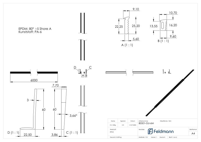 Montageset für 6m Aluprofil für Glas 16,76-17,52mm