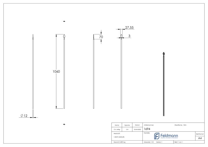 Zaunstab Ø 12mm, H: 1060mm, konisch mit Zaunspitze