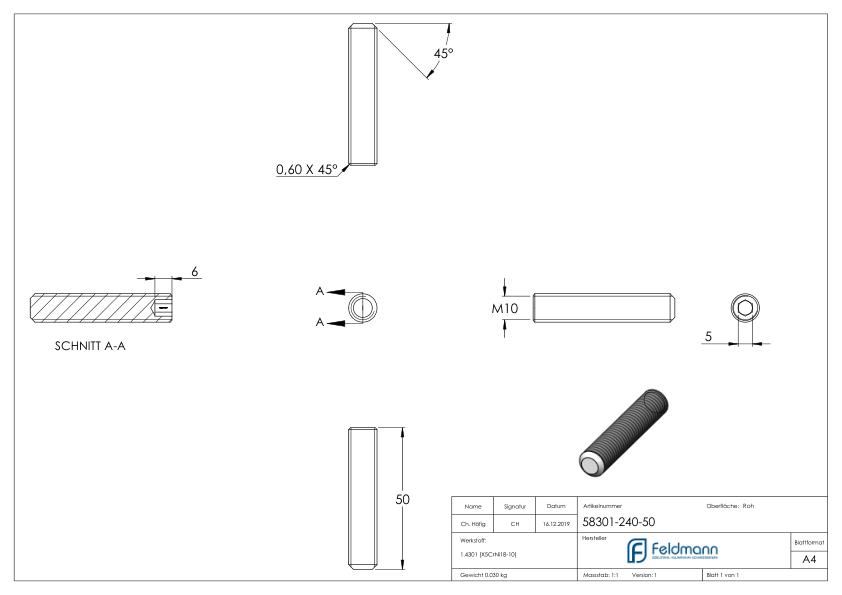 Gewindestift M10x50, V2A, DIN 913 / ISO 4026 Gewindestift M10x50, V2A, DIN 913 / ISO 4026