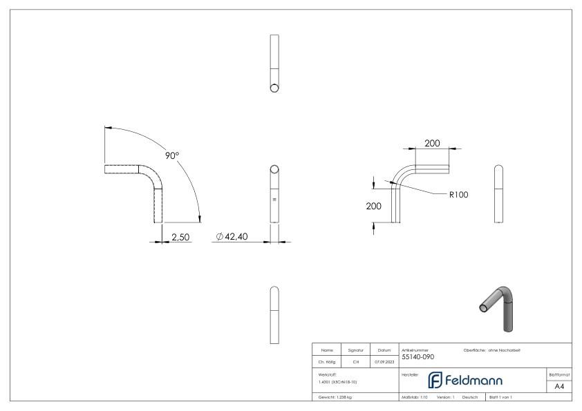 Rohrbogen 90°, aus Rohr 42,4x2,5mm, V2A