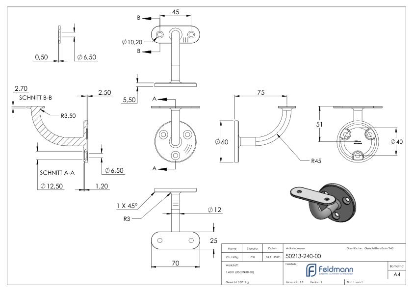 Handlaufhalter mit Handlaufanschlussplatte flach, (Ronde und Bügel verschweißt), V2A