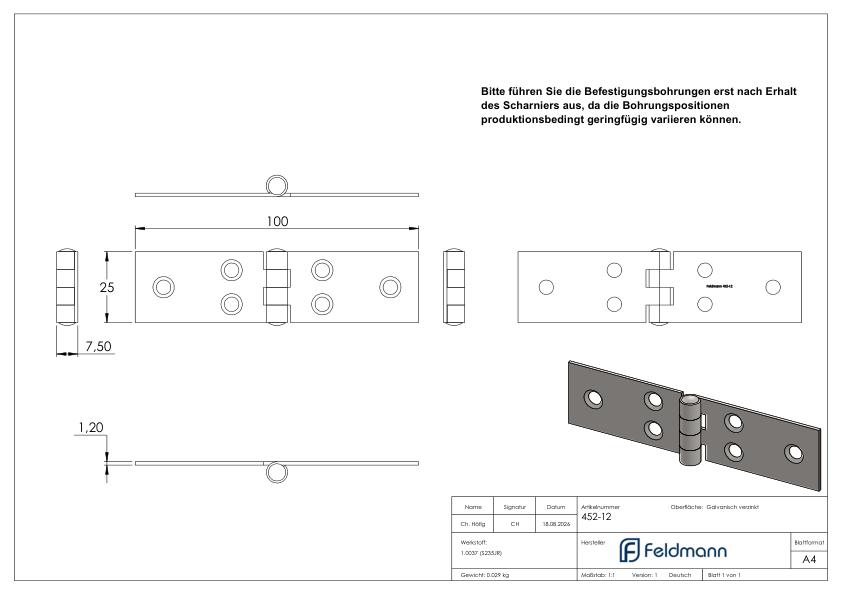 Scharnier 25x100mm mit festem Zapfen