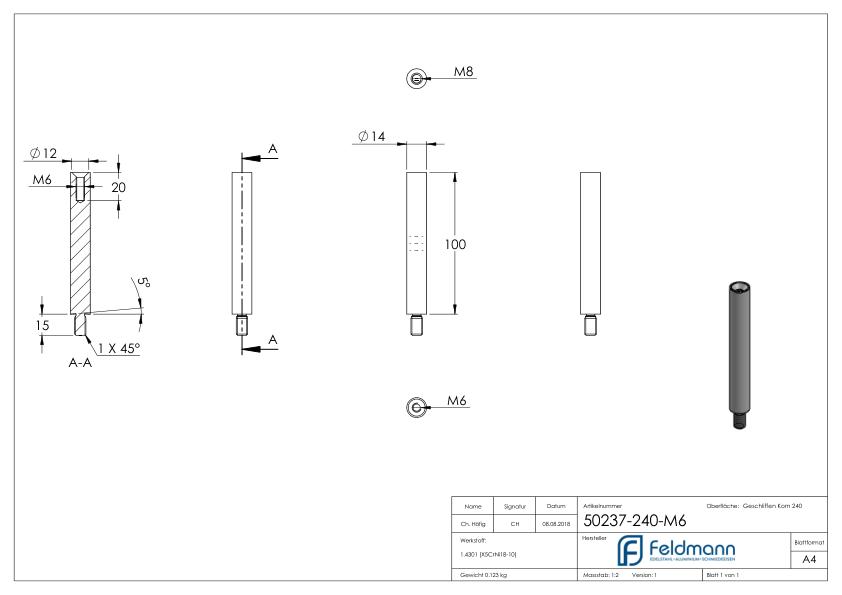 Stift Ø 14mm, L: 100mm, V2A
