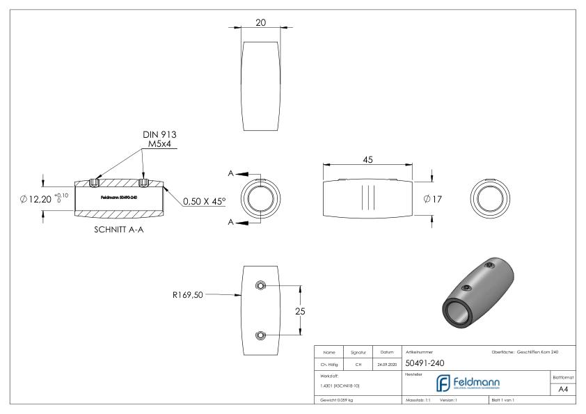 Stabverbinder für 12mm Rund, L: 45mm, Ø 20mm, V2A
