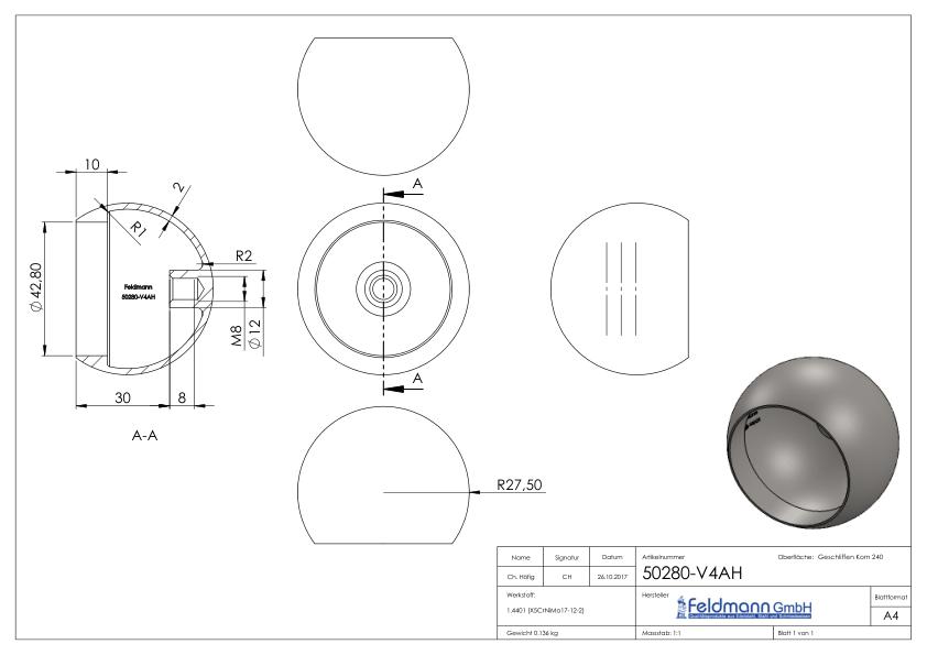 Rohrabschlusskugel hohl für 42,4mm Rohr, mit M8