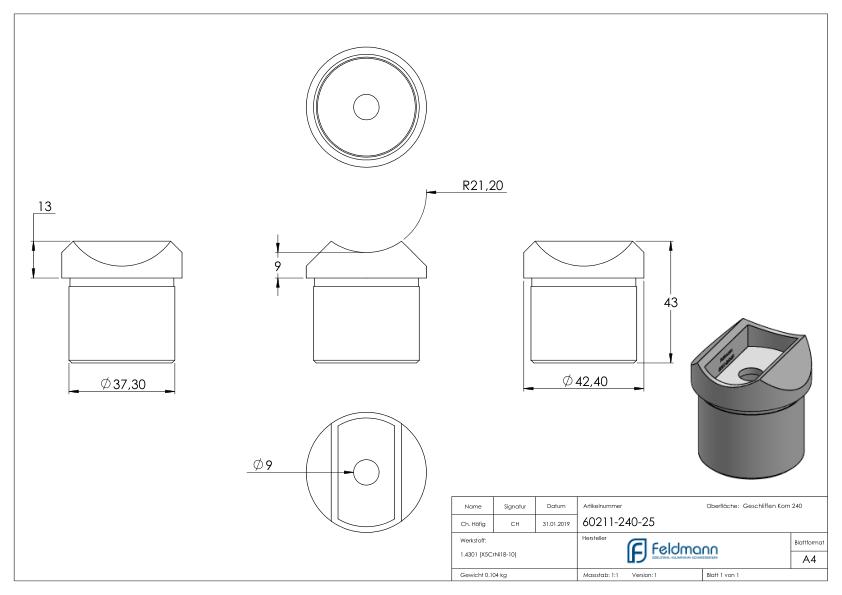 Rohrsattel, Anschluss oben: Rohr 42,4mm, V2A