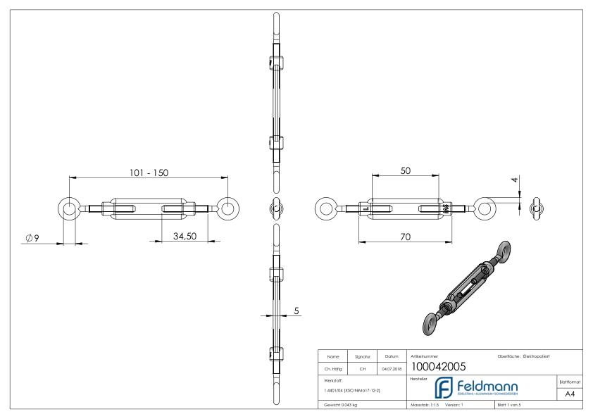 Spannschloss Öse / Öse mit Gewinde M5, V4A
