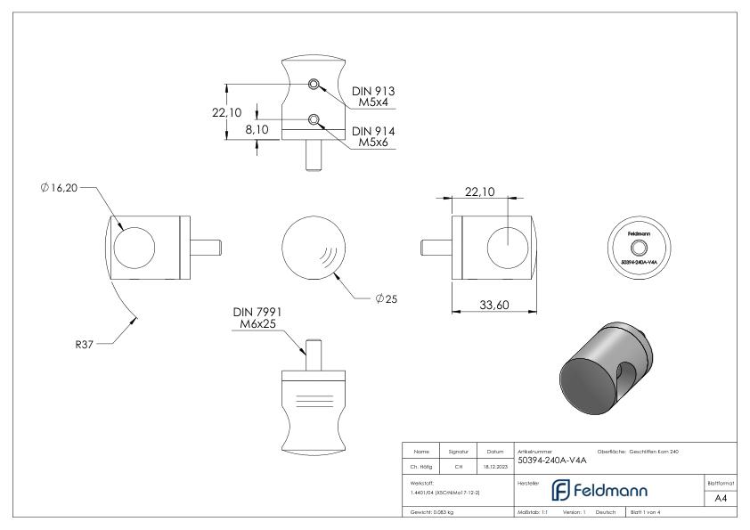 Querstabhalter für geraden Anschluss, 16,2mm Bohrung, V4A