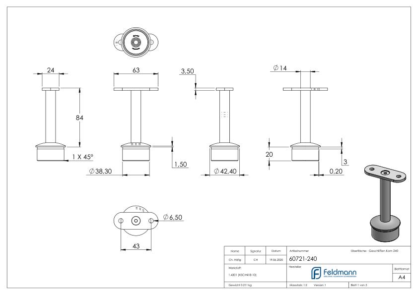 Rohrabschlussstopfen für Rohr 42,4x2,0mm, Handlaufanschlussplatte: flach, V2A
