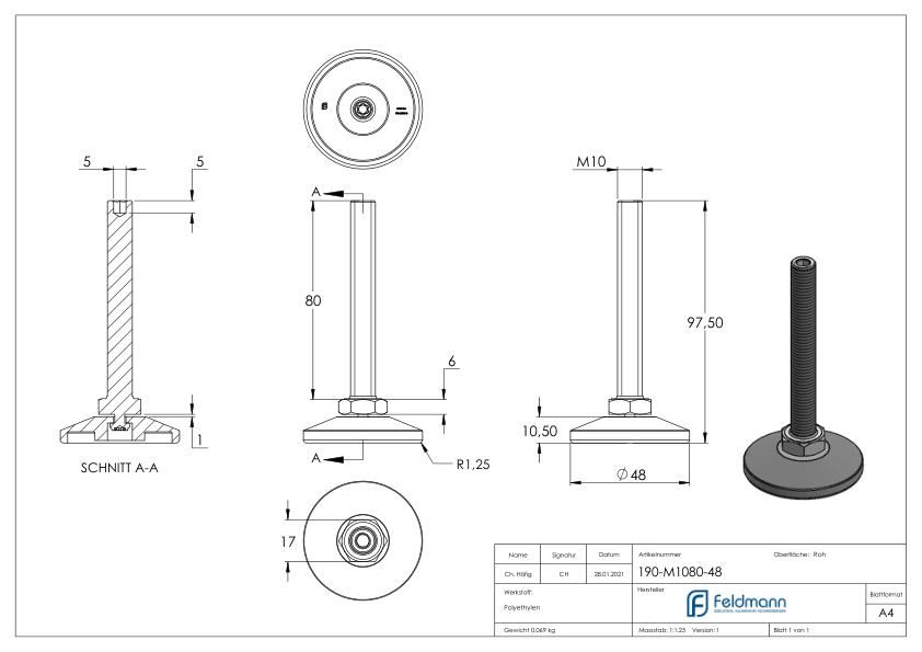 Stellfuß mit Justierschraube mit Innensechskant