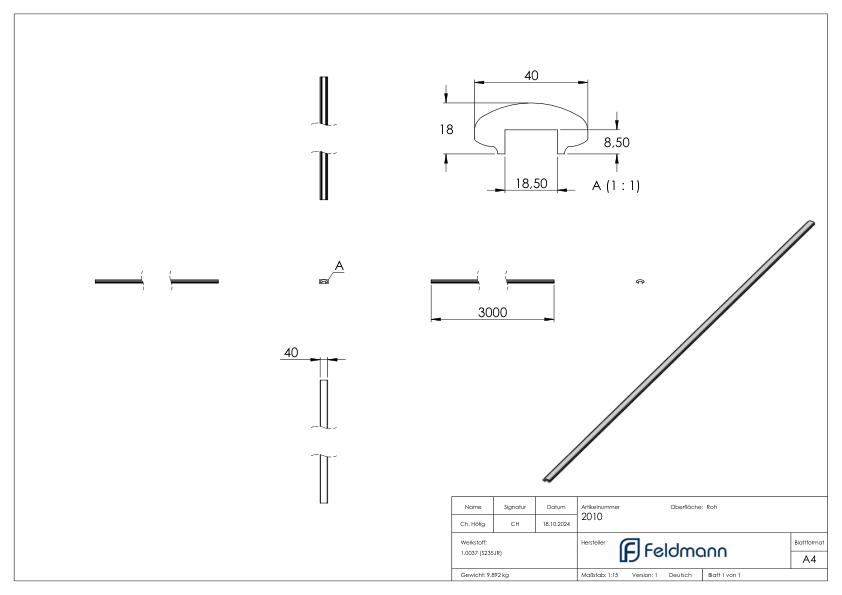 Handlauf 40x18mm mit Nut 18x8mm Länge 3m