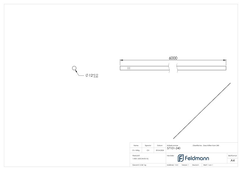 Rundmaterial, 12mm, L: 6000mm, V2A