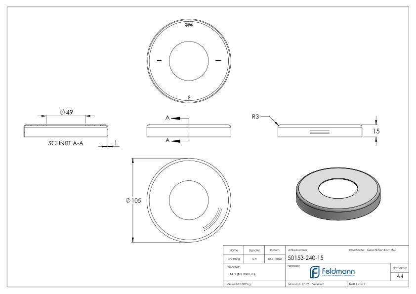 Abdeckrosette, 105x15mm, Bohrung 49mm, V2A