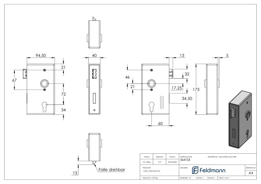 Edelstahlschlosskasten mit Edelstahlschloss, 40x94x172mm