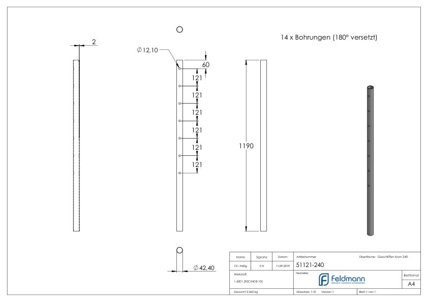Edelstahlpfosten aus Rohr 42,4mmx2,0mm, V2A