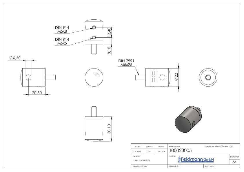 Seilhalter, für 5mm Seil, Anschluss: gerade, V2A
