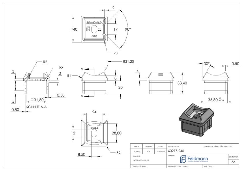 Rohrsattel, für 40 x 40 x 2,0mm, oben für Ø 42,4mm, V2A