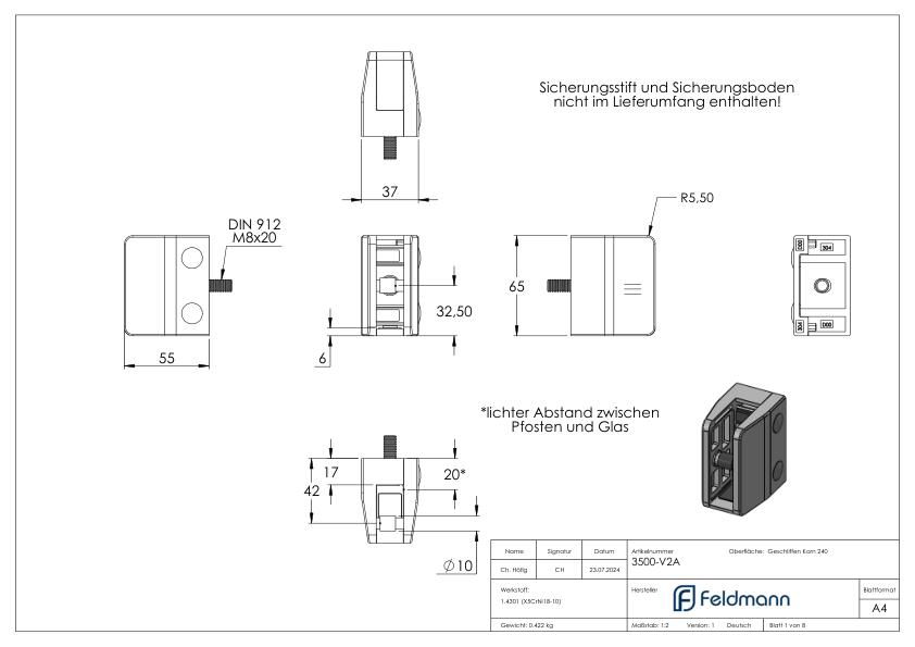 Glasklemme Mod. 35, Anschluss: gerade, V2A Glasklemme Mod. 35, Anschluss: gerade, V2A