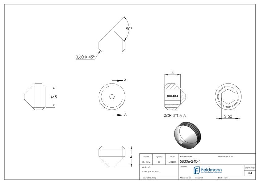 Gewindestift M5x4, V2A, DIN 914 / ISO 4027