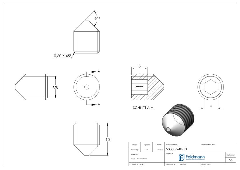 Gewindestift M8x10, V2A, DIN 914 / ISO 4027
