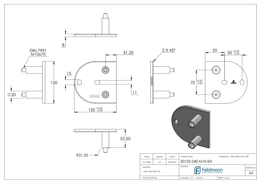 Wandbefestigung für Geländerpfosten 42,4mm, V2A