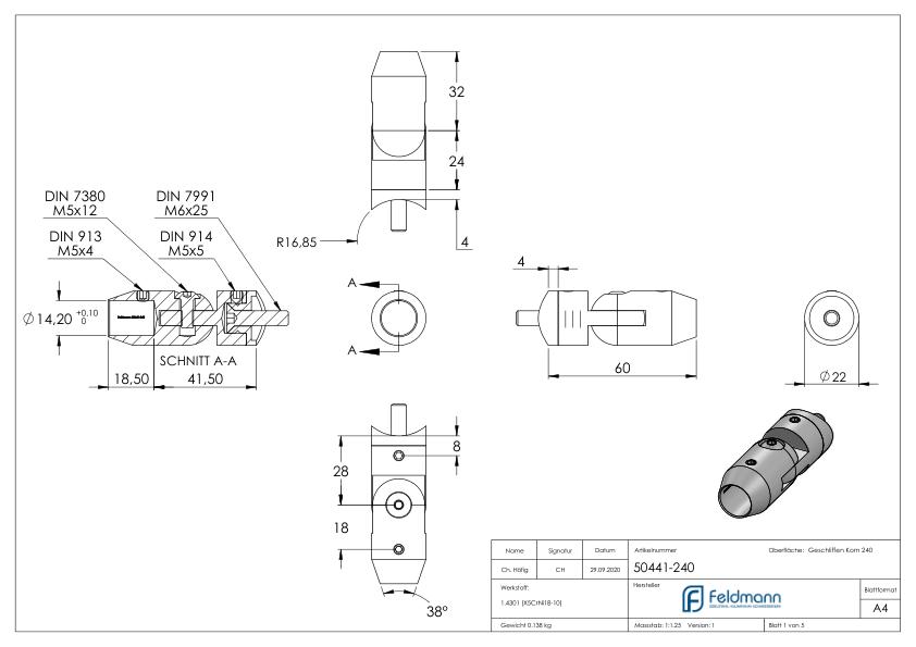 Querstabhalter mit Gelenk (zum Stoßen von vorne) 33,7mm Rohr, 14,2mm Bohrung, V2A