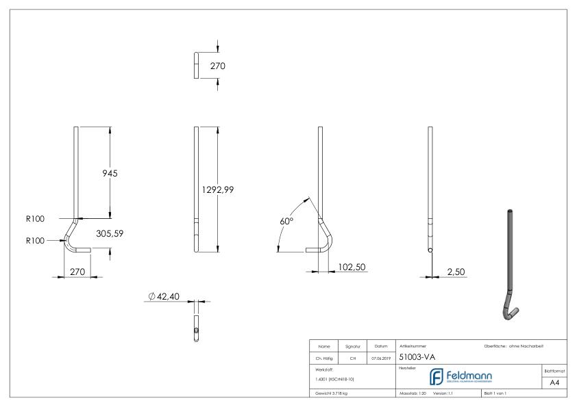 Pfosten gebogen, aus Rohr 42,4mmx2,5mm, V2A